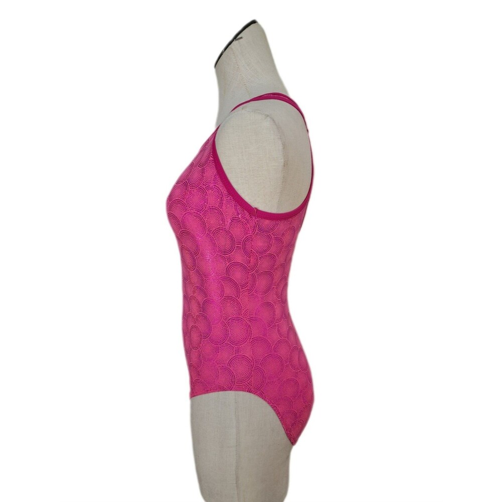 Satara VTG Barbie Pink Foiled Circles Racerback Leotard Open Back Keyhole Sz AL - Picture 6 of 15